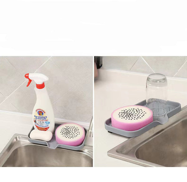 Silicone Sink Soap Tray with Drain Spout | Kitchen Sponge Holder & Countertop Organizer