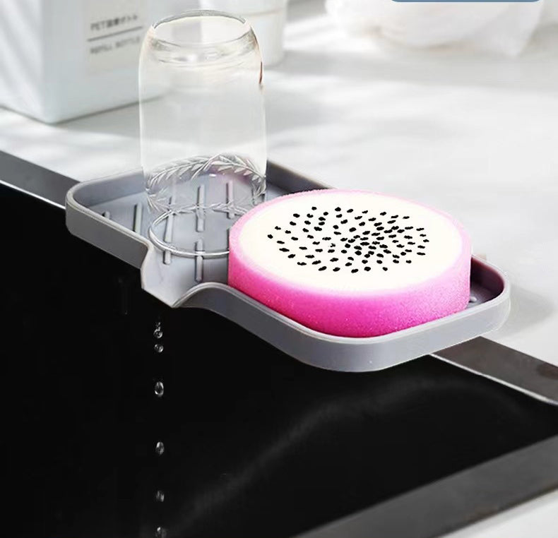 Silicone Sink Soap Tray with Drain Spout | Kitchen Sponge Holder & Countertop Organizer